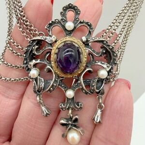 Antique‎ 835 Silver Festoon Necklace Amethyst Pearl German Edwardian Art Nouveau